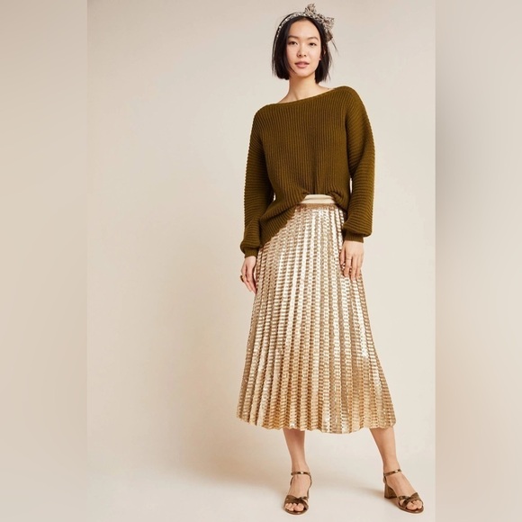 NWT Anthropologie Maeve Natalia Sequined Midi Skirt in Gold Size Small Petite. - Picture 1 of 16